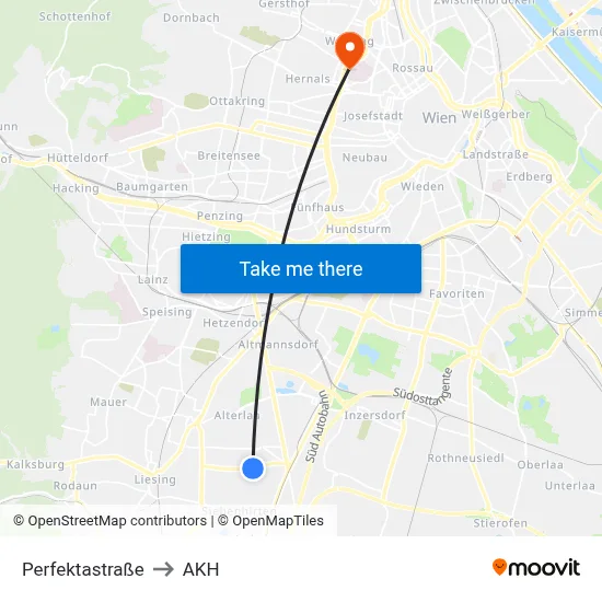 Perfektastraße to AKH map