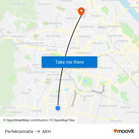 Perfektastraße to AKH map