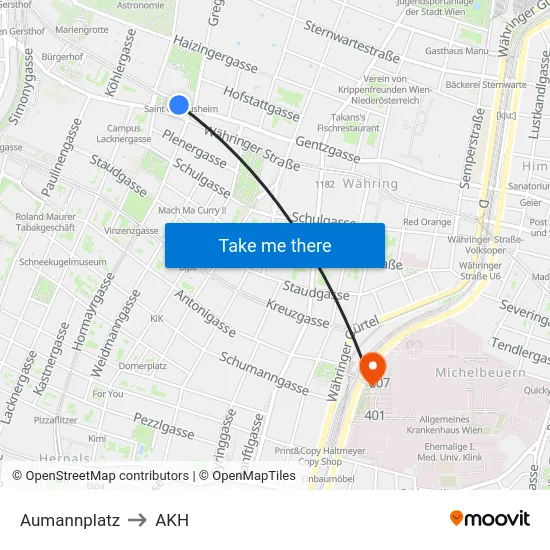 Aumannplatz to AKH map