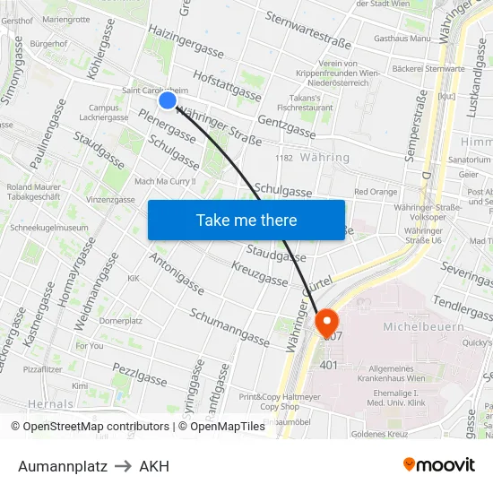 Aumannplatz to AKH map