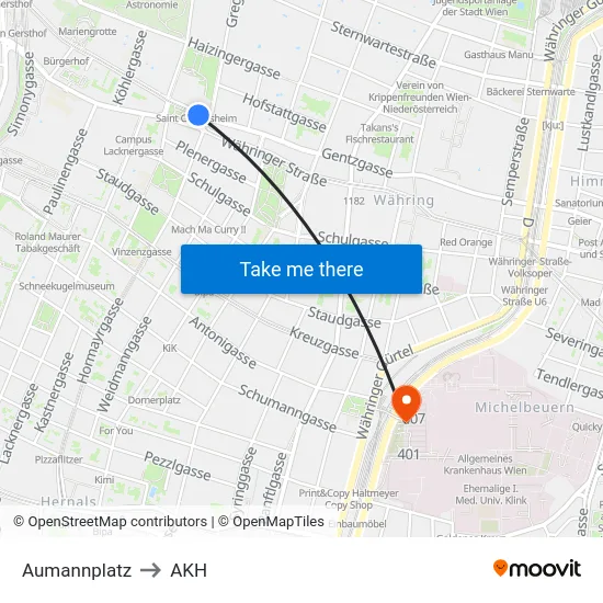 Aumannplatz to AKH map