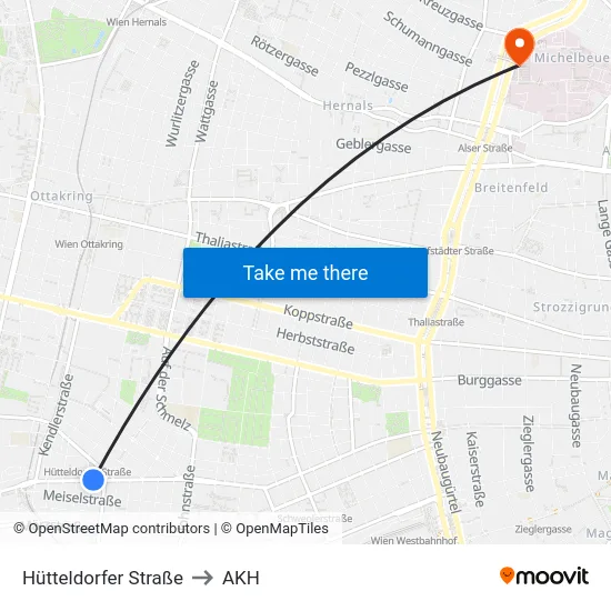 Hütteldorfer Straße to AKH map