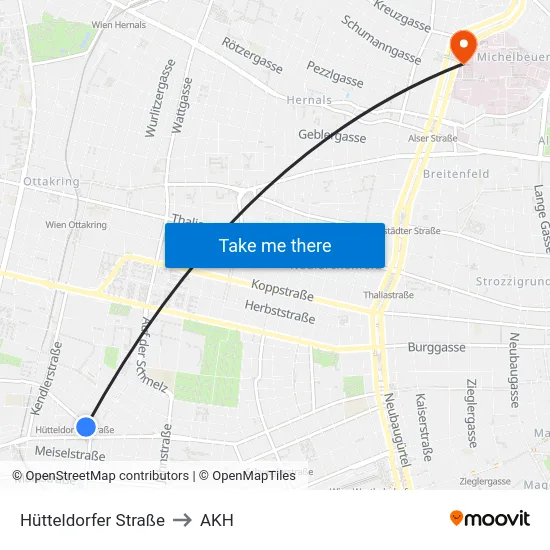 Hütteldorfer Straße to AKH map