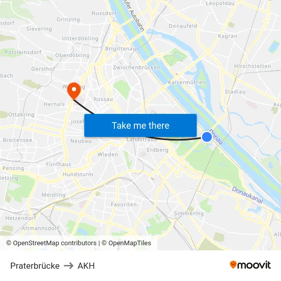 Praterbrücke to AKH map