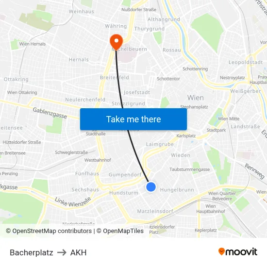 Bacherplatz to AKH map
