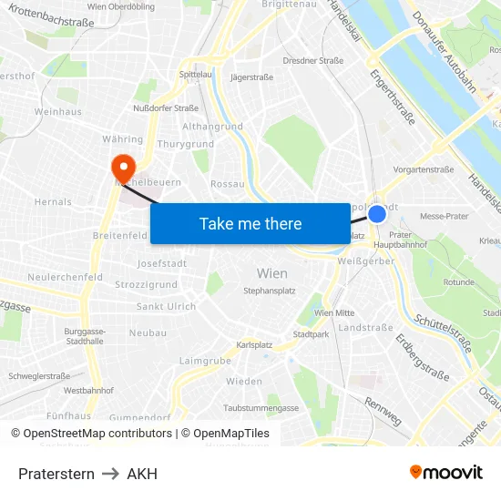 Praterstern to AKH map
