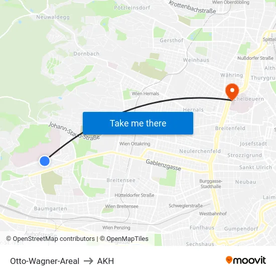 Otto-Wagner-Areal to AKH map