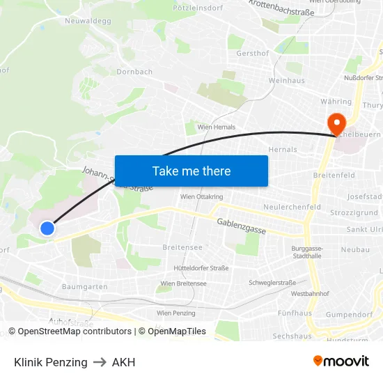 Klinik Penzing to AKH map