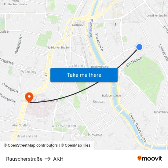 Rauscherstraße to AKH map