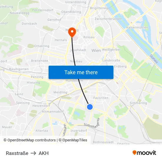 Raxstraße to AKH map