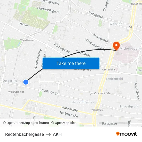 Redtenbachergasse to AKH map