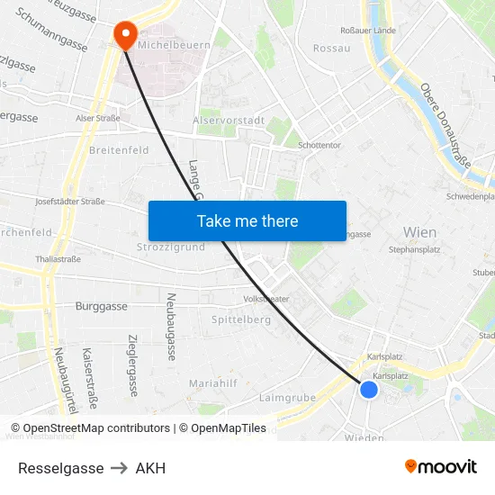 Resselgasse to AKH map