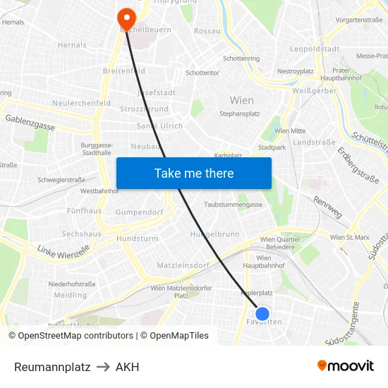 Reumannplatz to AKH map