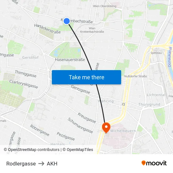 Rodlergasse to AKH map