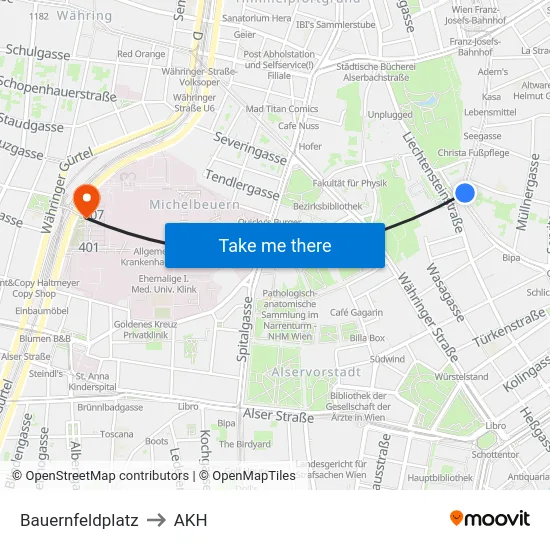 Bauernfeldplatz to AKH map