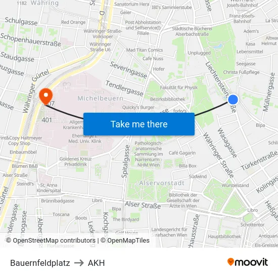 Bauernfeldplatz to AKH map