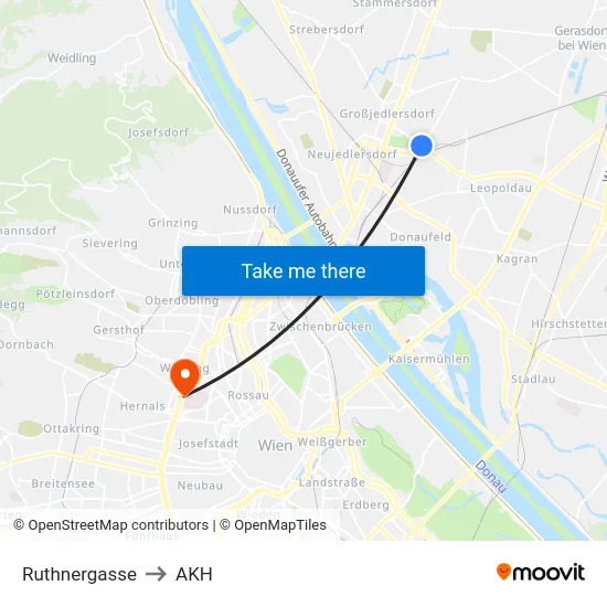 Ruthnergasse to AKH map