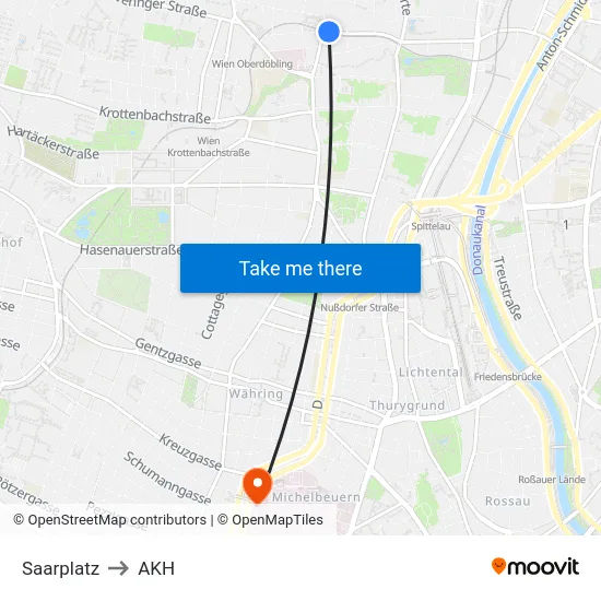 Saarplatz to AKH map