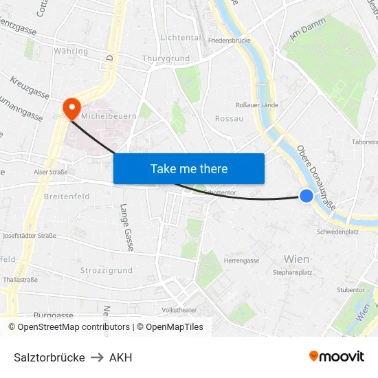 Salztorbrücke to AKH map