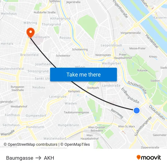 Baumgasse to AKH map