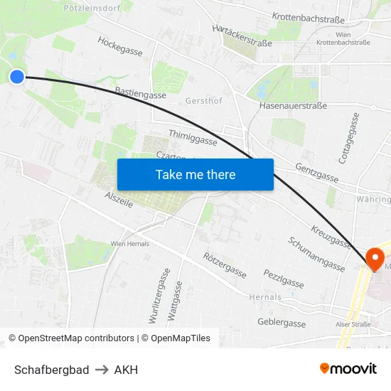 Schafbergbad to AKH map
