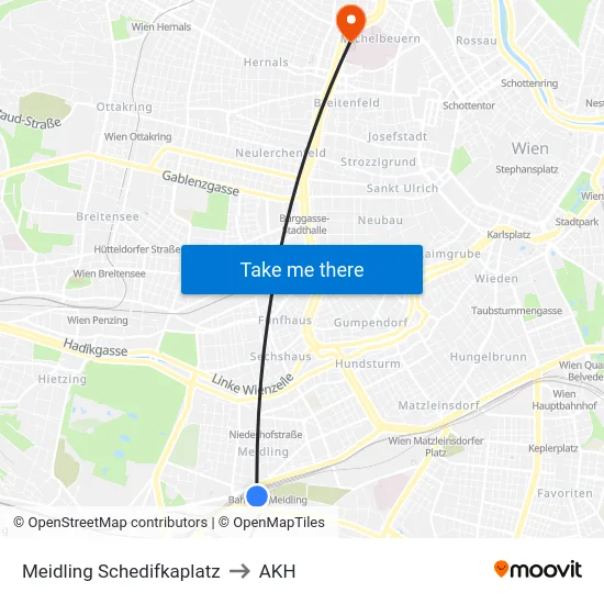 Meidling Schedifkaplatz to AKH map