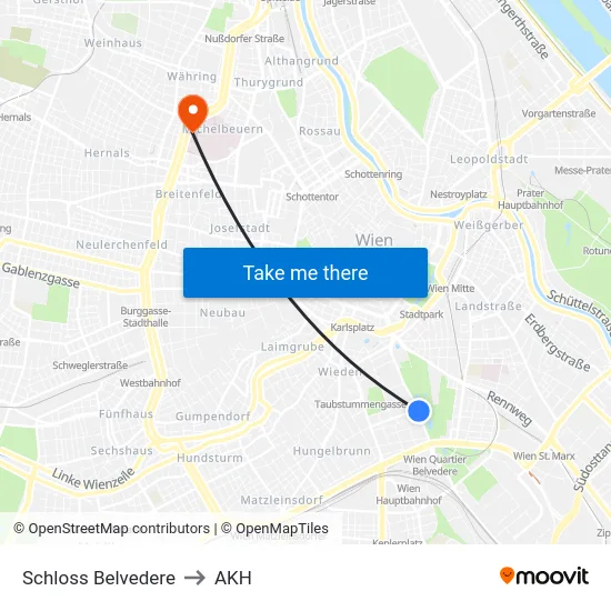 Schloss Belvedere to AKH map
