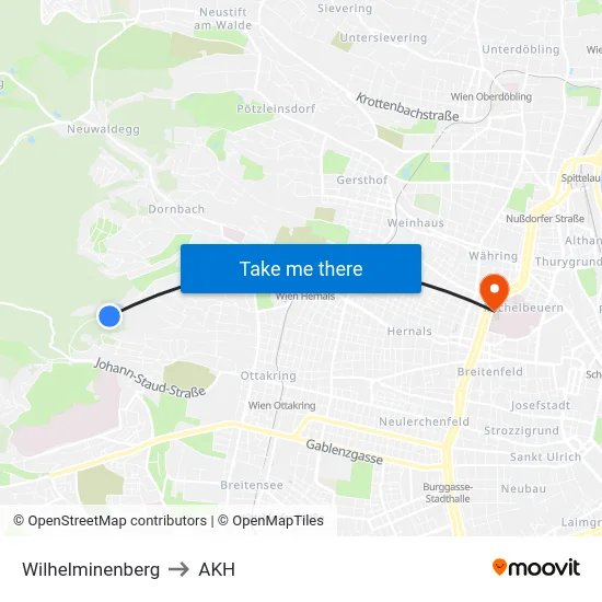Wilhelminenberg to AKH map