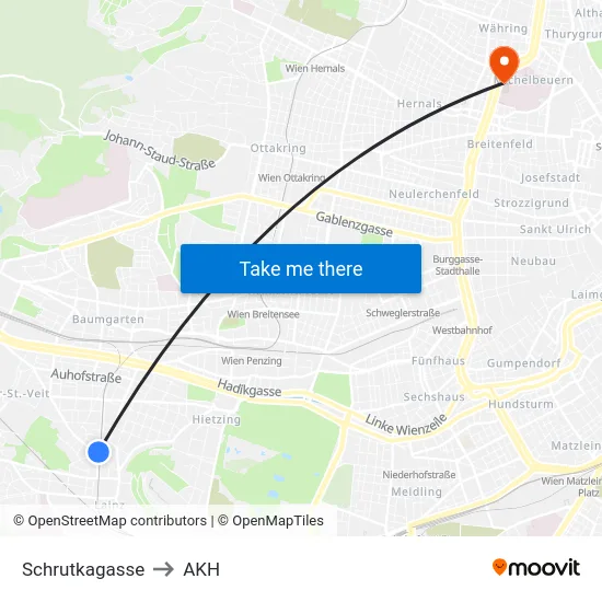 Schrutkagasse to AKH map