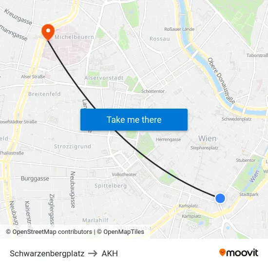 Schwarzenbergplatz to AKH map