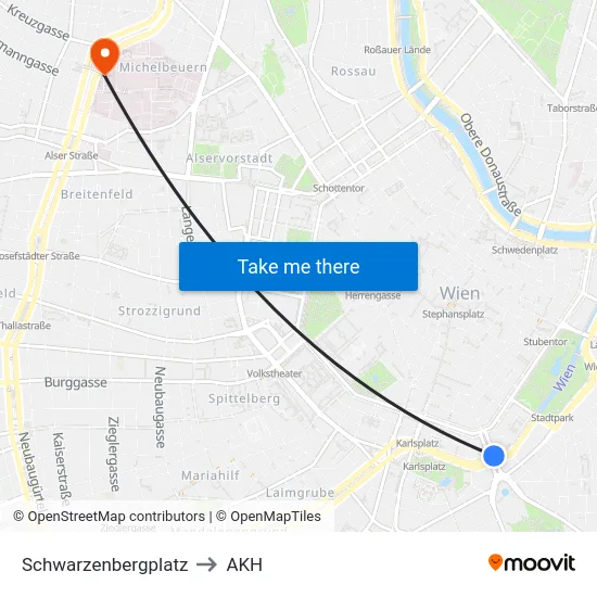 Schwarzenbergplatz to AKH map