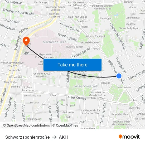 Schwarzspanierstraße to AKH map