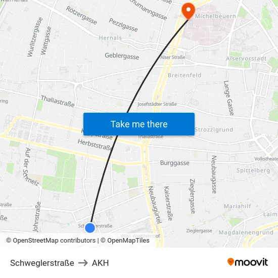 Schweglerstraße to AKH map