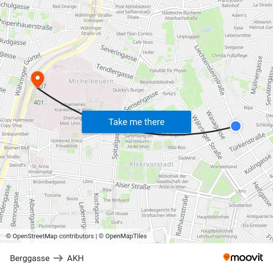 Berggasse to AKH map