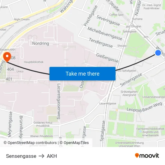 Sensengasse to AKH map