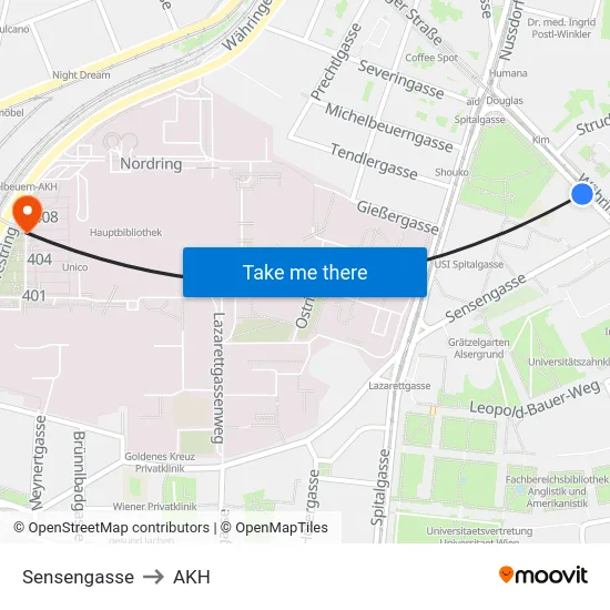 Sensengasse to AKH map