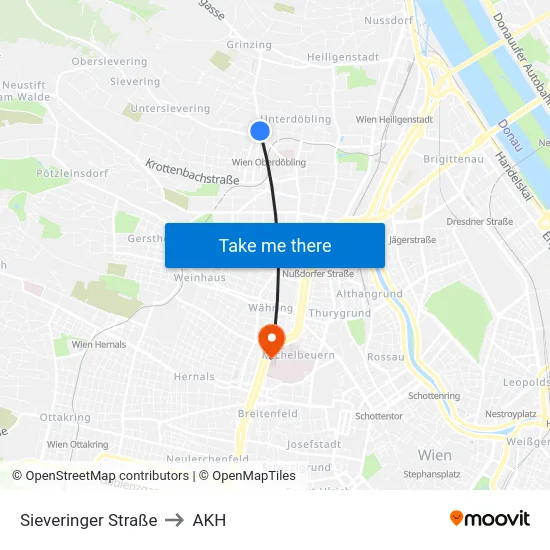 Sieveringer Straße to AKH map