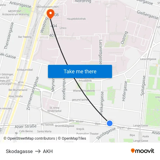 Skodagasse to AKH map