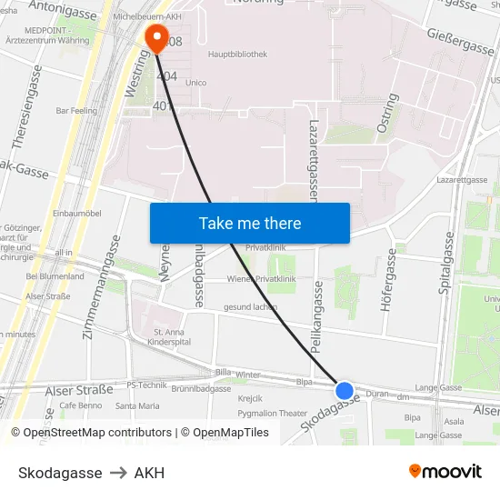 Skodagasse to AKH map