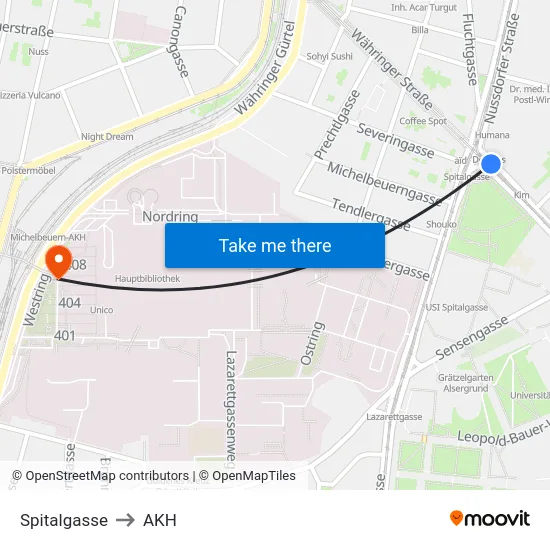 Spitalgasse to AKH map