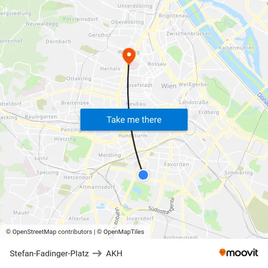 Stefan-Fadinger-Platz to AKH map