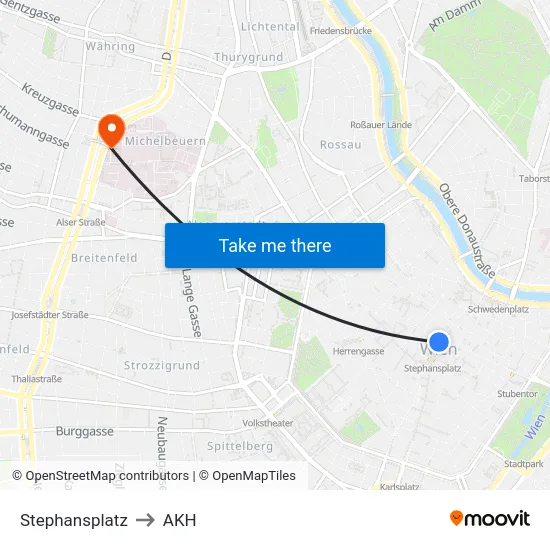 Stephansplatz to AKH map