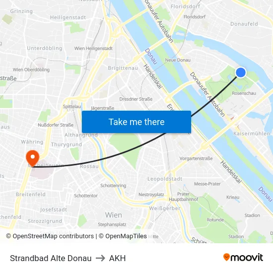 Strandbad Alte Donau to AKH map