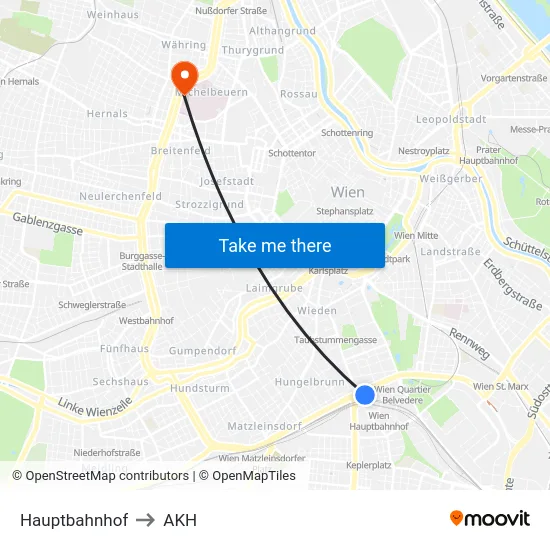 Hauptbahnhof to AKH map