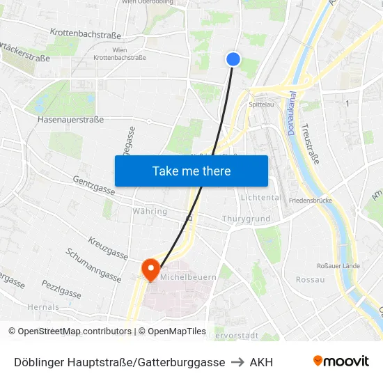 Döblinger Hauptstraße/Gatterburggasse to AKH map