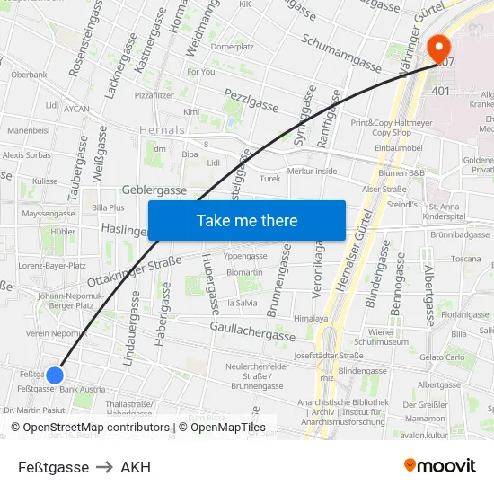 Feßtgasse to AKH map