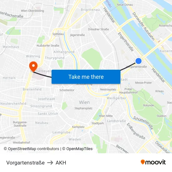 Vorgartenstraße to AKH map