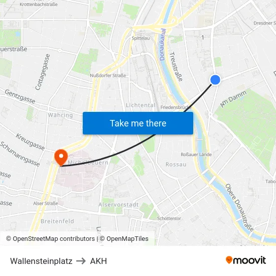 Wallensteinplatz to AKH map