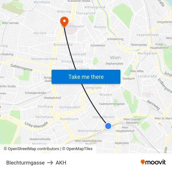 Blechturmgasse to AKH map