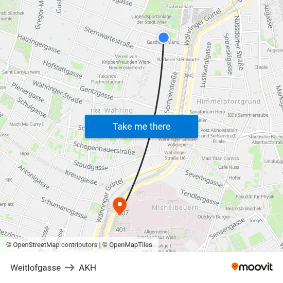 Weitlofgasse to AKH map